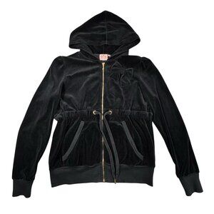 Vintage Y2K Juicy Couture Velour Jacket SZ XL Black Bow Babydoll Hooded Goth
